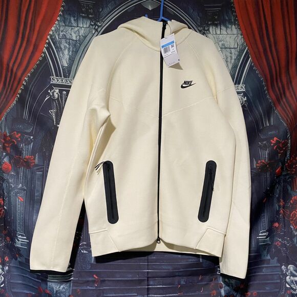 Nike Tech Fleece Hoodie Jacket Cream White Black Men's Medium NEW - Picture 1 of 7